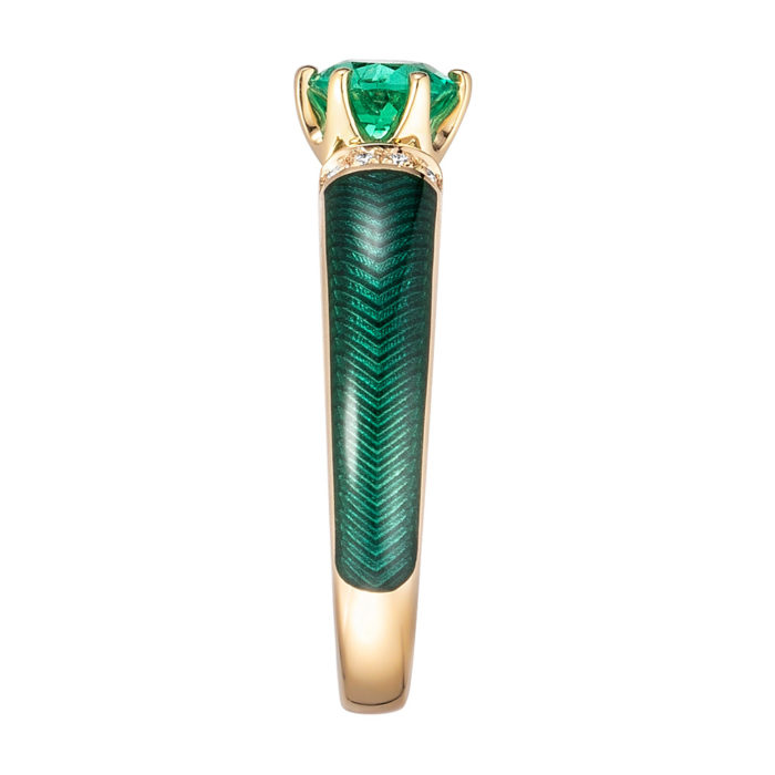 Diamond-set gold solitaire ring with green vitreous enamel and padparajah sapphire