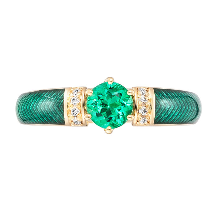 Diamond-set gold solitaire ring with green vitreous enamel and padparajah sapphire