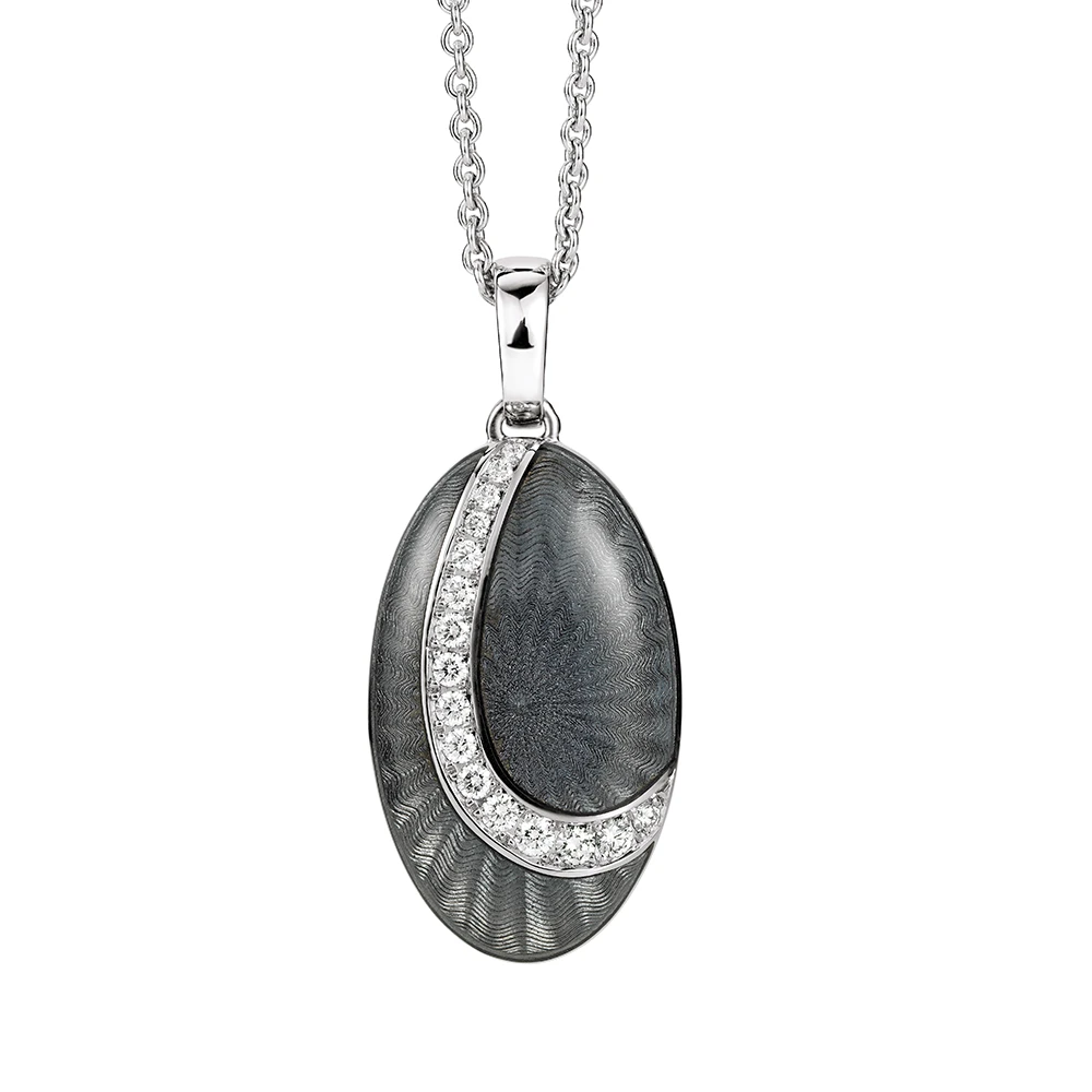 Oval pendant in white gold, with grey colour and decorated with diamonds