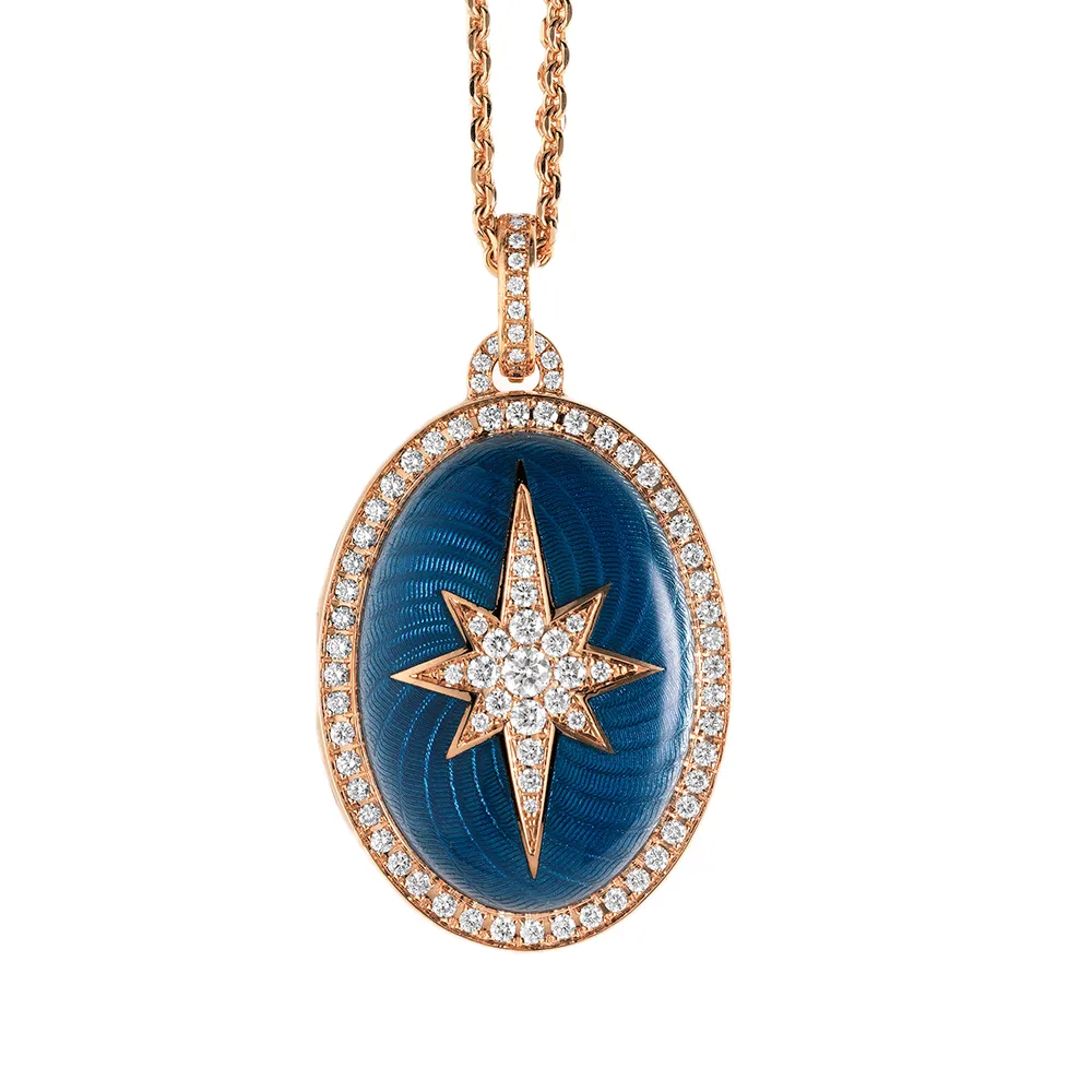 Medaillon aus Rosegold, in blauer Farbe und ovaler Form, verziert mit einem Kranz aus Brillanten und einem Brillant besetzten Stern
