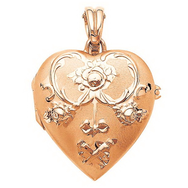 rose gold, heart-shaped locket-pendant with rococo rose engraving