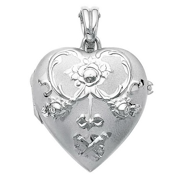 white gold, heart-shaped locket-pendant with rococo rose engraving