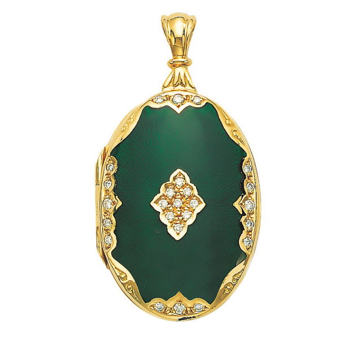 yellow gold, oval locket-pendant with dark green enamel and diamonds