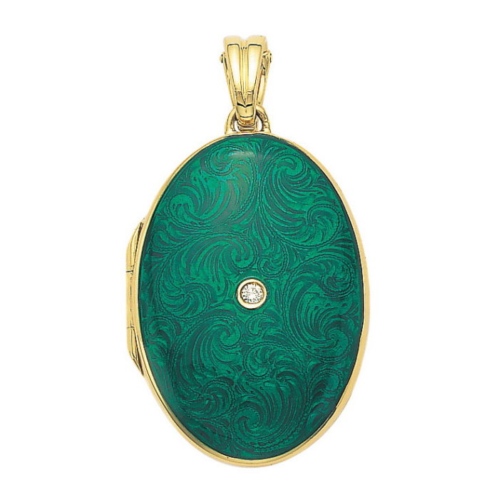 yellow gold, oval locket-pendant with emerald green enamel, set with a diamond