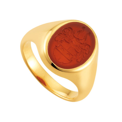 rose gold signet-ring with oval carnelian with an engraved coat of arms