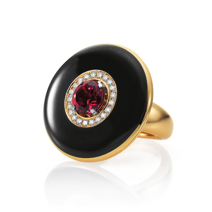 yellow-white-gold ring with black guilloche enamel and rubellite