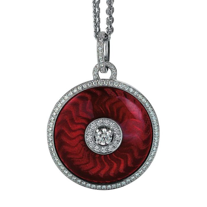 Diamond-set, gold pendant with aubergine red guilloche enamel
