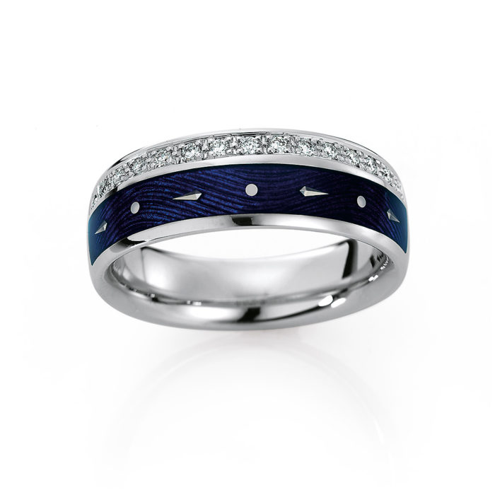 Diamond-set, white gold ring with blue guilloche enamel and paillons