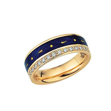 gravierter Gold Ring mit Diamanten und blauem Emaille