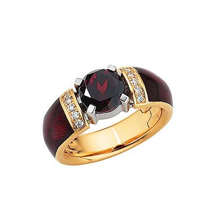 gravierter Gold Ring mit Diamanten, rotem Emaille und rotem Stein