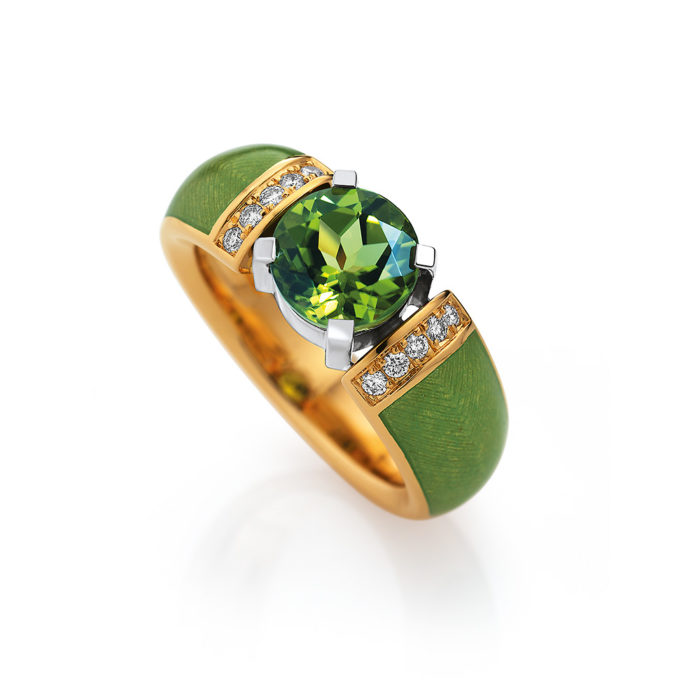Diamond-set, yellow-white-gold ring with pastel green guilloche enamel