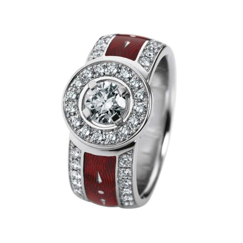 Diamond-set, white gold ring with red guilloche enamel