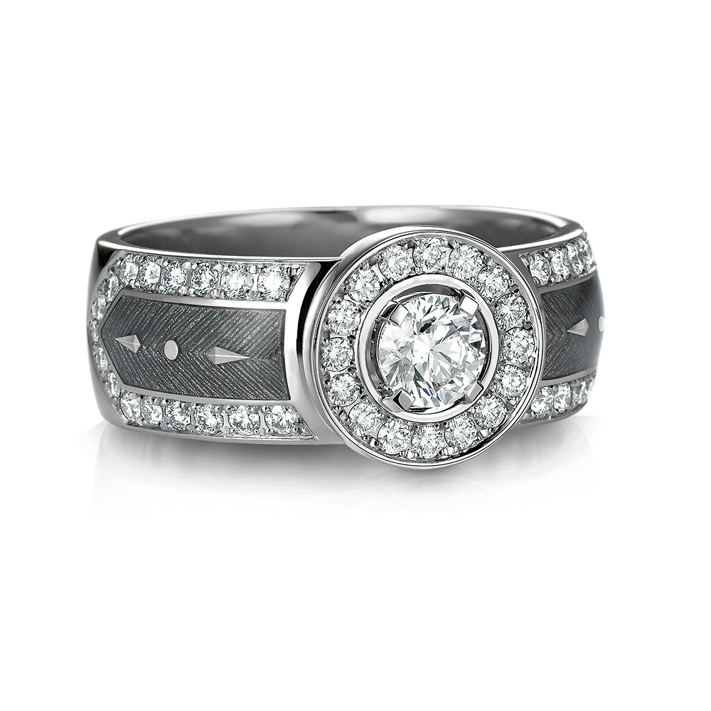 gravierter Gold Ring mit Diamanten und silberfarbenem Emaille