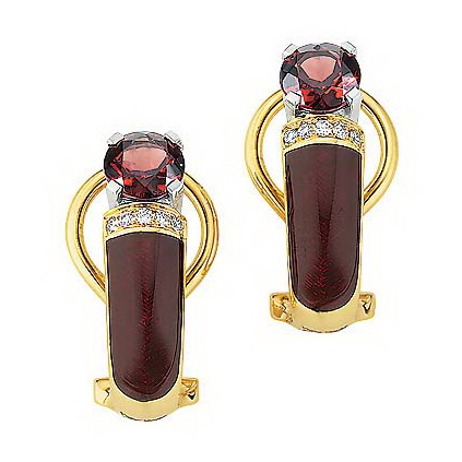 Diamond-set, yellow-white gold earrings with aubergine red guilloche enamel and ceylon garnet