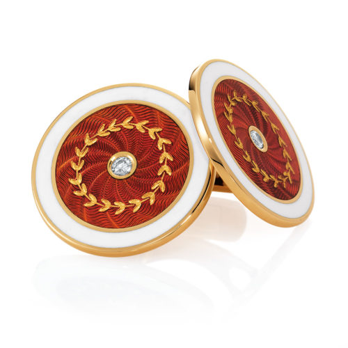 Round diamond set gold cufflinks with red and white guilloche enamel and paillon inlays