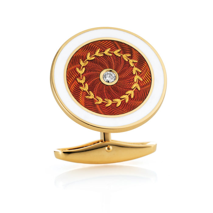 Round diamond set gold cufflinks with red and white guilloche enamel and paillon inlays