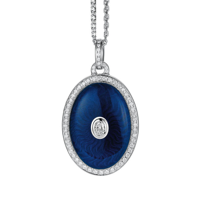 Diamond set locket with blue guilloche enamel