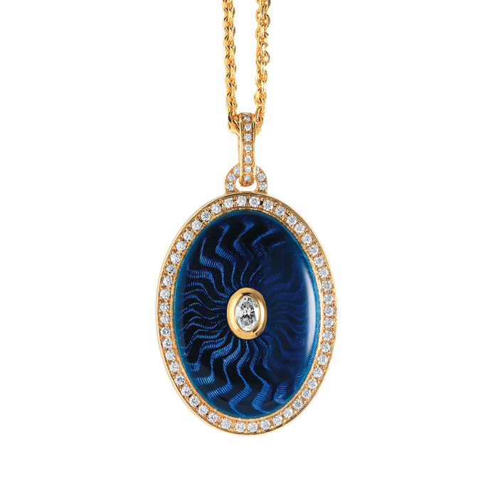 Diamond set locket with blue guilloche enamel
