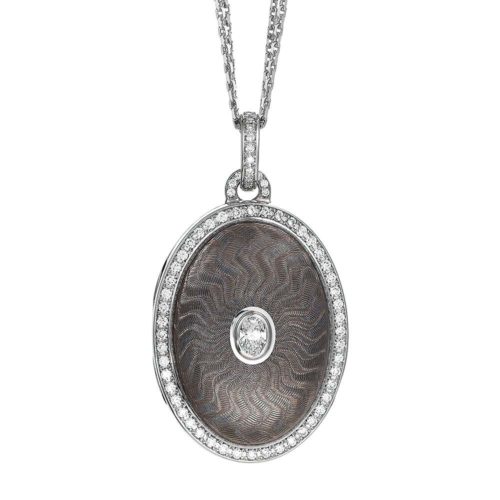 diamond set locket with silver guilloche enamel