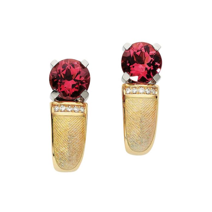 diamond-set, yellow-white-gold earrings with opal white guilloche enamel and pink tourmaline