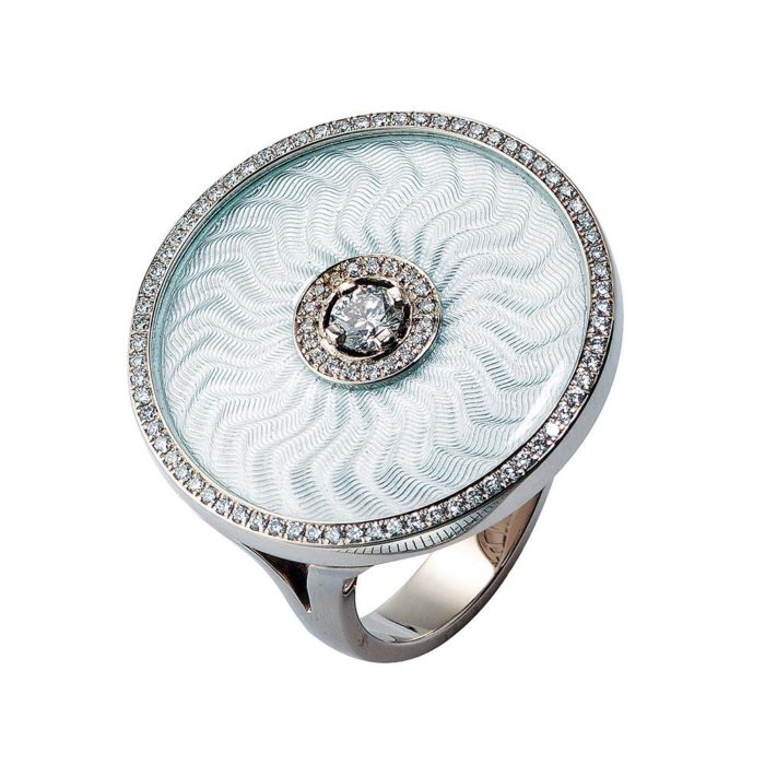 diamond-set, white gold with sterling silver ring with silver guilloche enamel