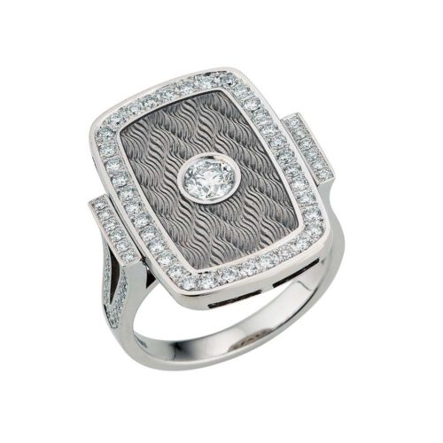 Diamond-set, white gold ring with silver guilloche enamel