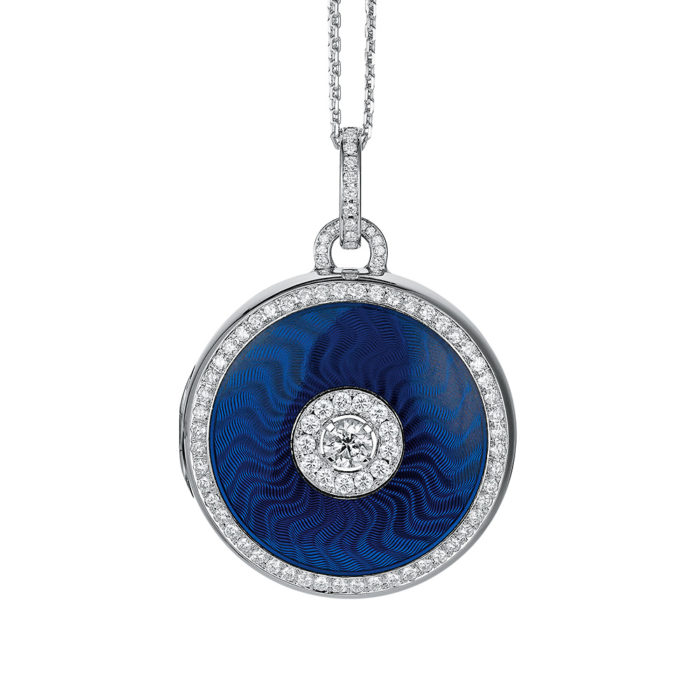 diamond-set, white gold locket-pendant with electric blue guilloche enamel