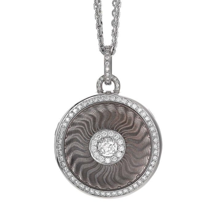 diamond-set, white gold locket-pendant with silver guillohe enamel