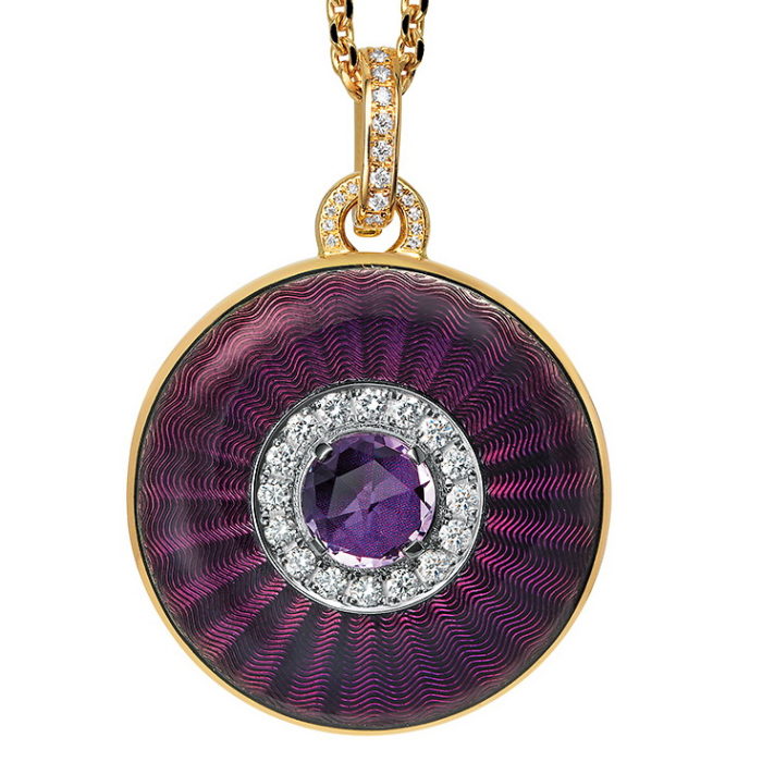 yellow gold, round, locket-pendant with purple enamel, diamond setting and amthyst