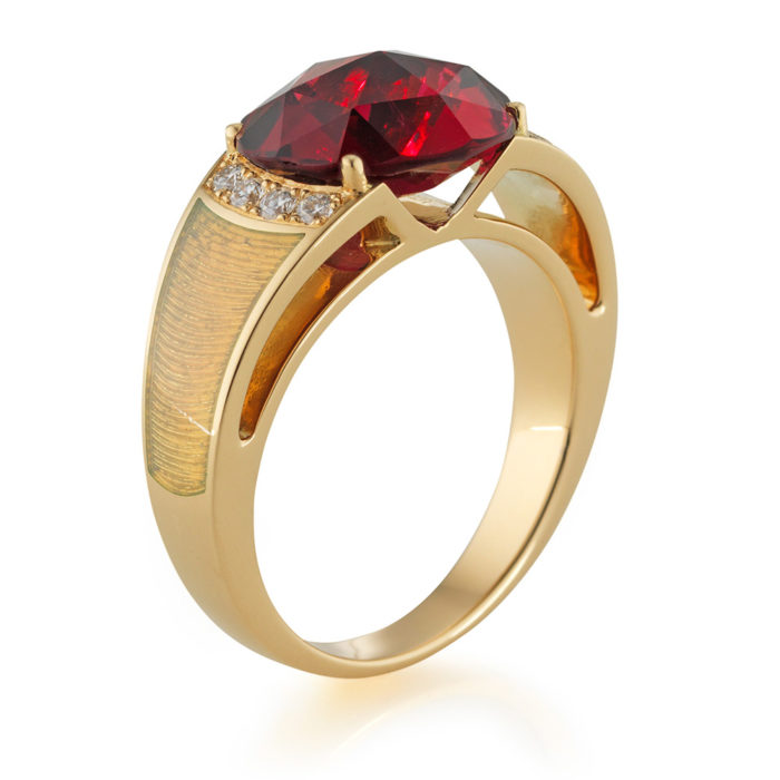 diamond-set, yellow gold ring with opal white guilloche enamel and rubellite