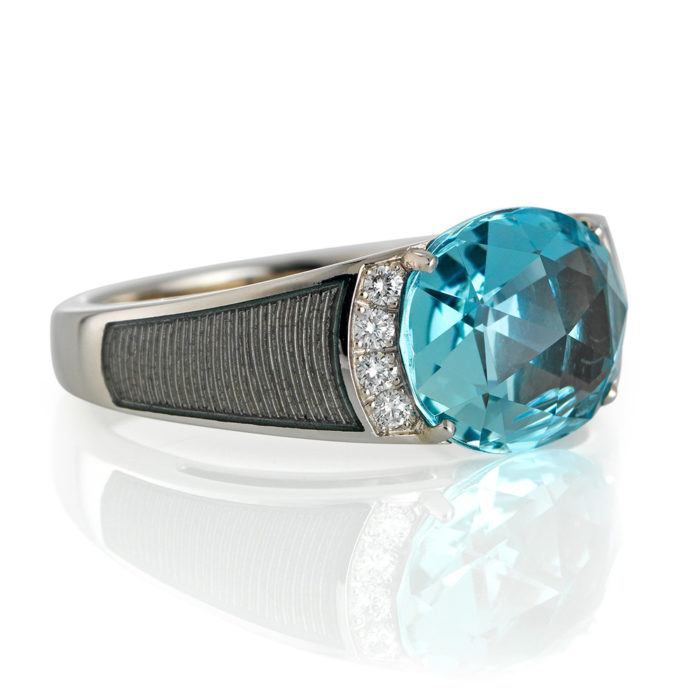 Diamond-set, white gold ring wth silver guilloche enamel and aquamarine
