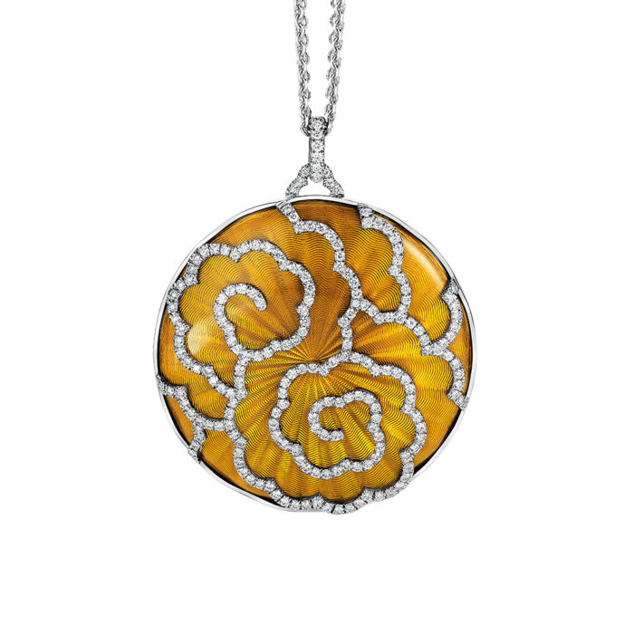 round white gold diamond-set gold pendant with amber guilloche enamel with art deco motif
