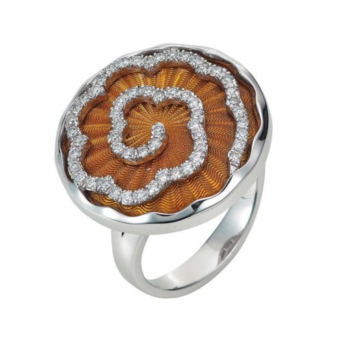 Diamond-set, white-yellow gold ring with amber coloured guilloche enamel