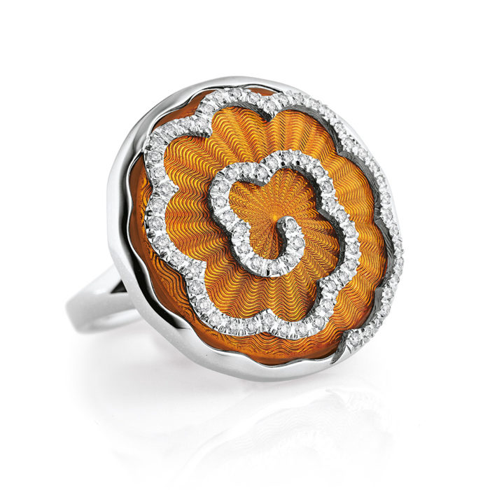 Diamond-set, white-yellow gold ring with amber coloured guilloche enamel