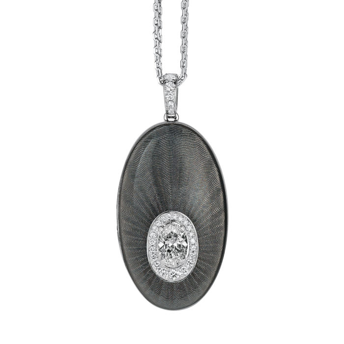 Diamond-set locket with silver guilloche enamel