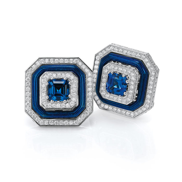 Diamond-set, white gold earrings with electric blue guilloche enamel and tanzanite