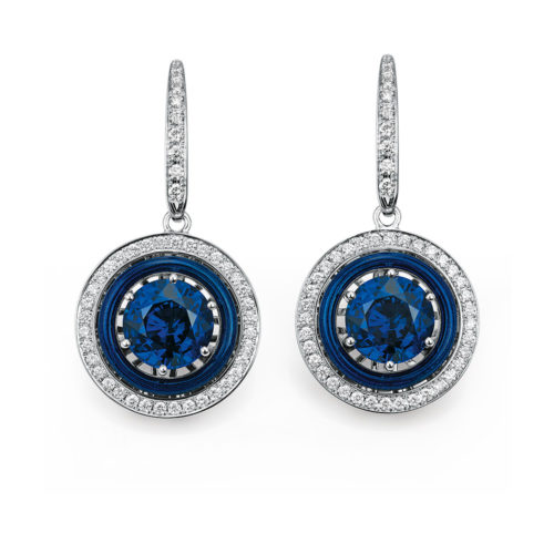 Diamond-set, white gold earrings with electric blue guilloche enamel and tanzanite
