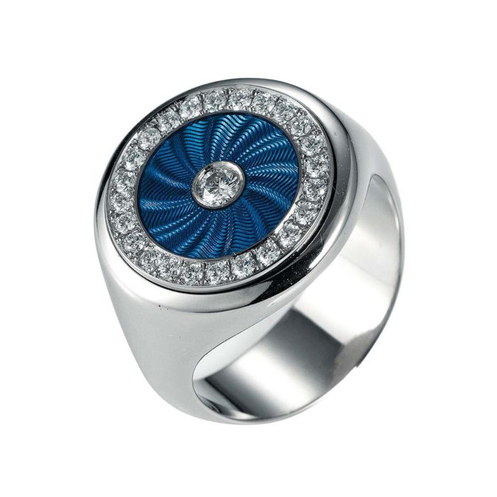 Diamond-set, white gold ring with light blue guilloche enamel