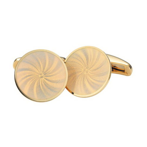 Round gold cuff links with blue vitreous guilloché enamel with a windmill pattern Alt Text Deutsch
