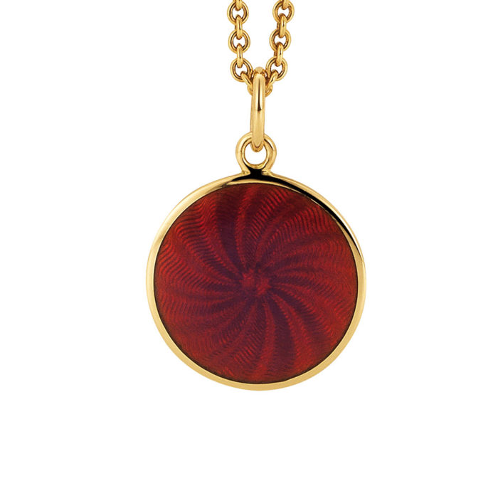 yellow gold pendant with opal raspberry guilloche enamel