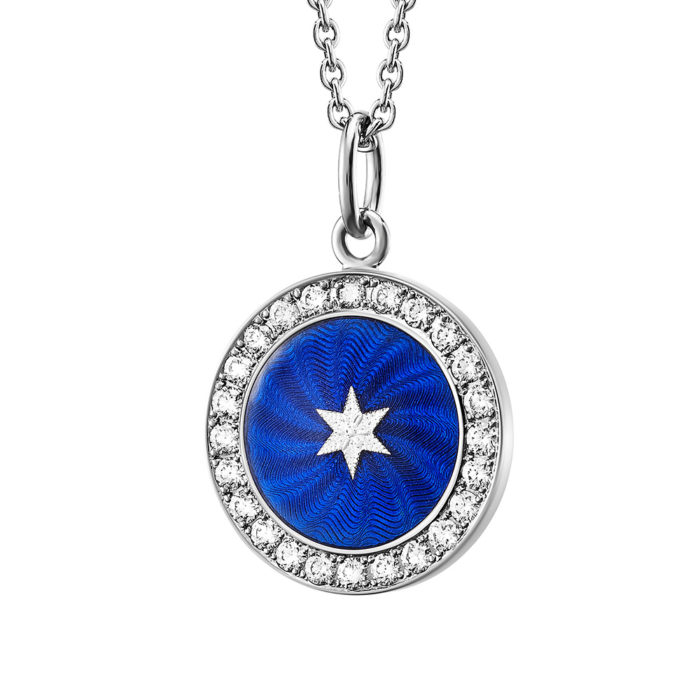 Diamond-set. white gold pendant with electric blue guilloche enamel and star paillon