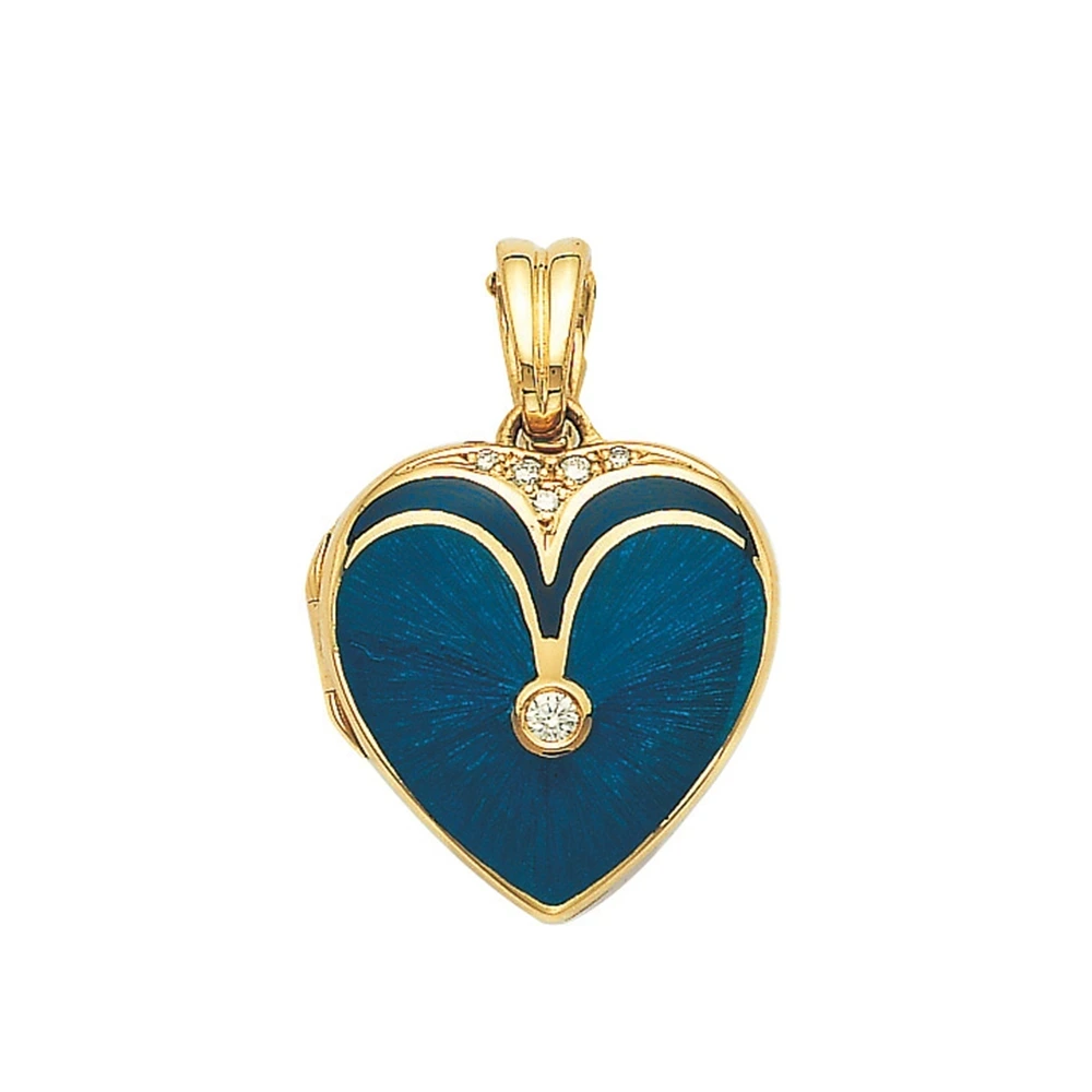 Herzförmiges Medaillon-Collier aus Gelbgold, blau lackiert und mit Brillanten besetzt