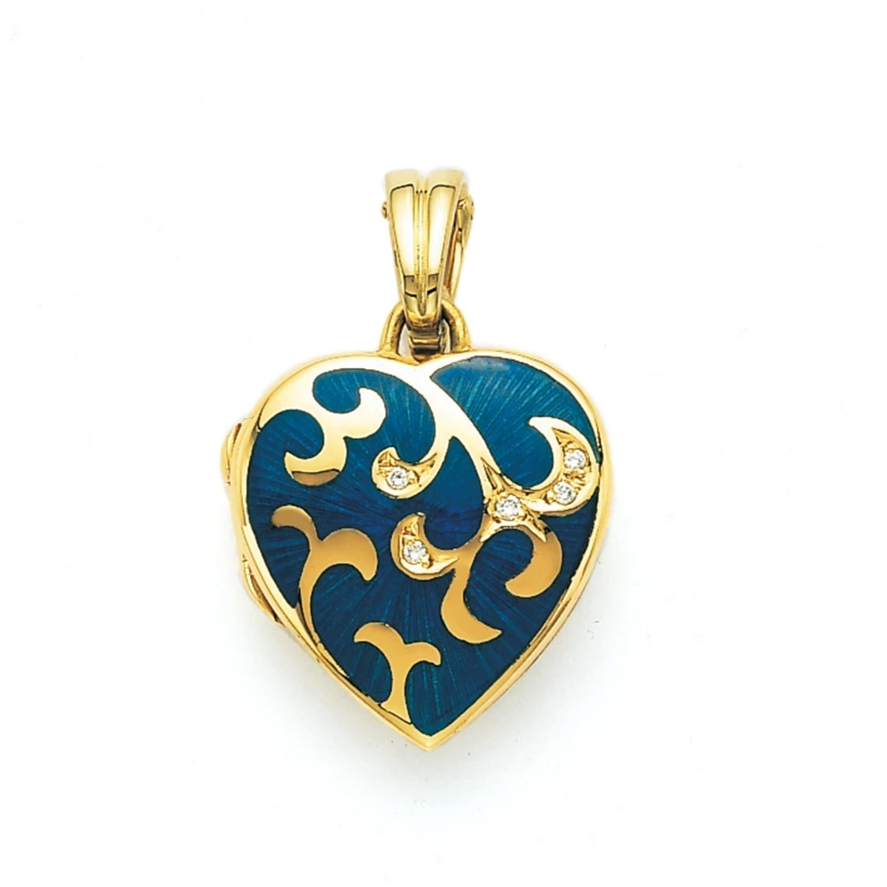 Herzförmiges Medaillon-Collier in Gelbgold, blau lackiert und mit Brillanten verziert