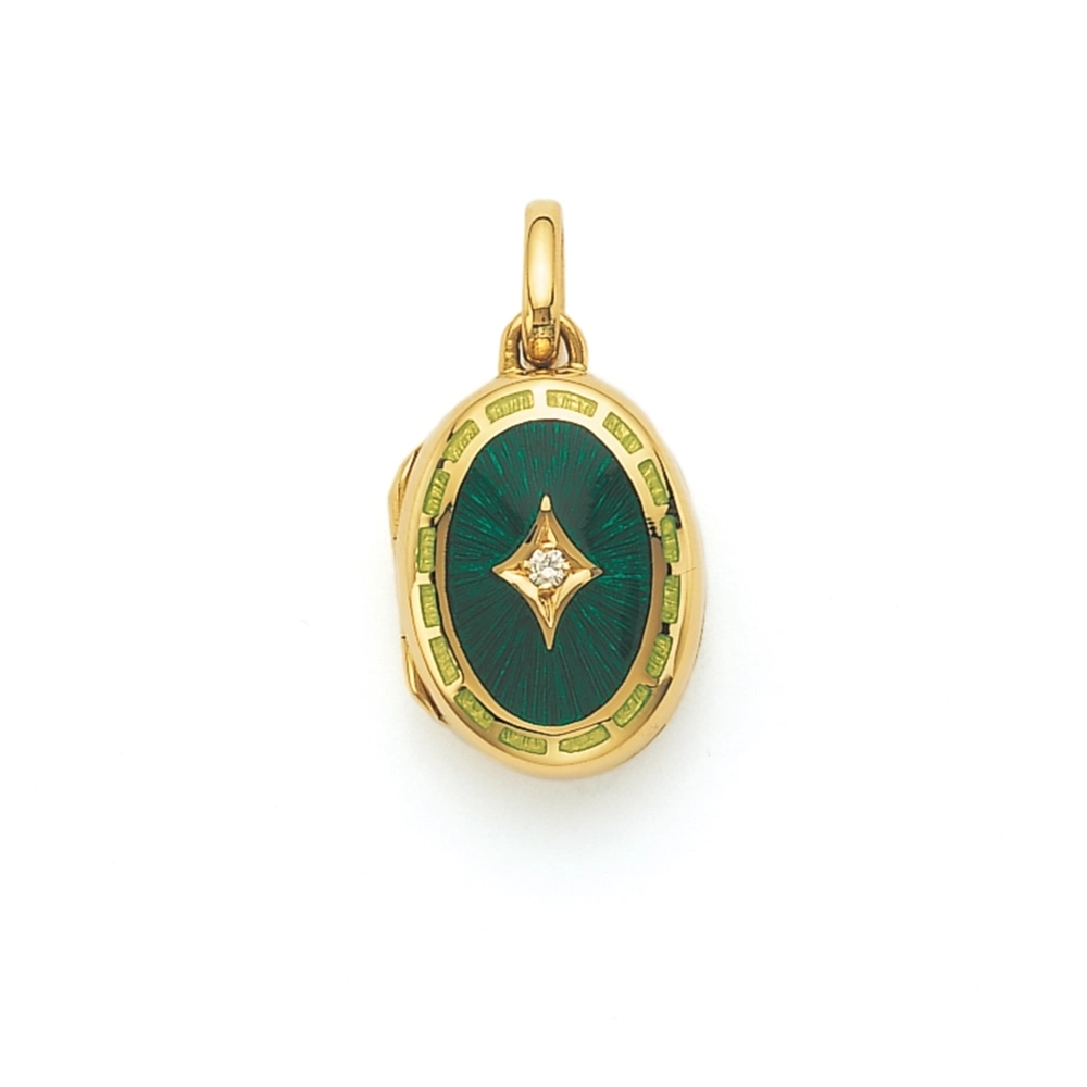 Ovales Medaillon-Collier in Gelbgold, grün lackiert mit einem Brilllant bestezt