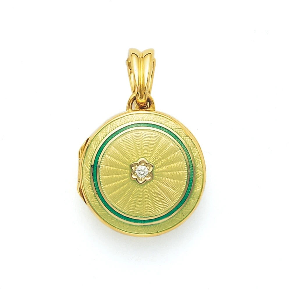 Rundes Medaillon-Collier in Gelbgold und grün lackiert