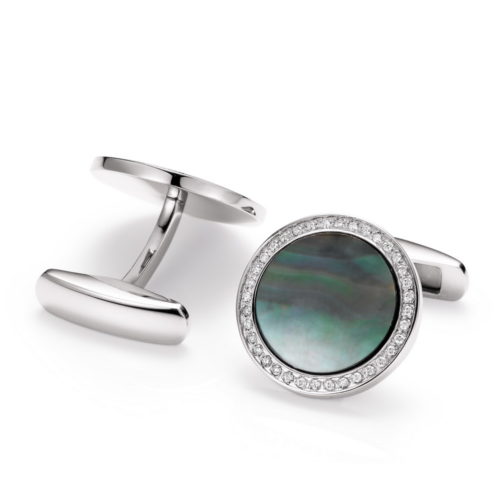 Round stainless steel cufflinks with diamond ring and black mother of pearl inlay