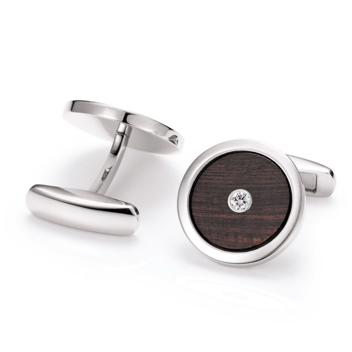 Round steel cufflinks with diamond and wooden inlay