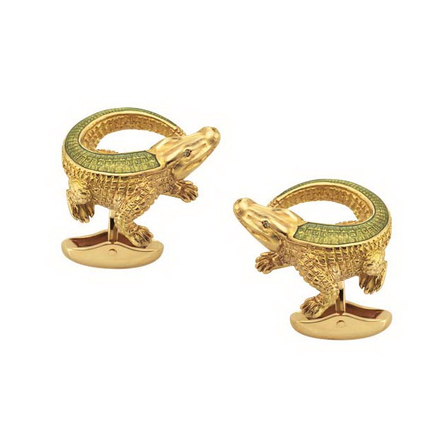 Diamant-besetzte-Gold-Manschettenknöpfe mit Pastellgrünem Emaille-Krokodil
