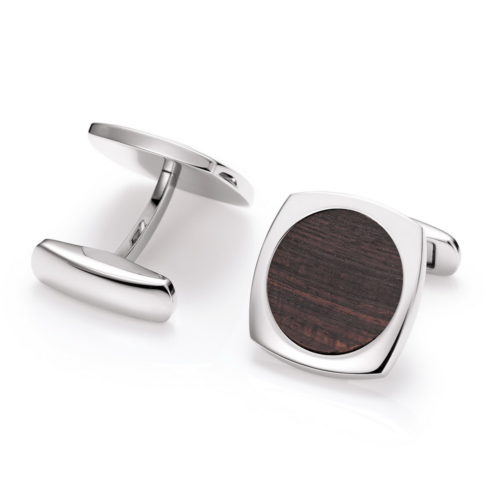 Stainless steel cufflinks, stretched square with round precious wood inlay