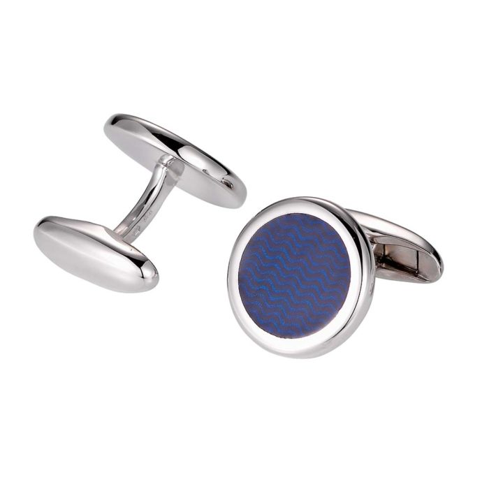 Round sterling silver cufflinks with blue enamel lacquer